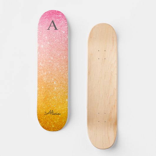 Rosa Gelber Ombre Glitzer Skateboard (Vorderseite)