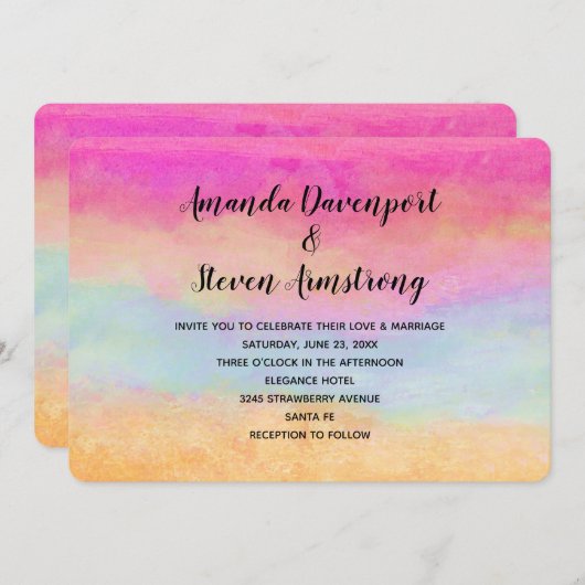 Rosa, gelber Regenbogen Abstrakte Streifen Hochzei Einladung (Vorne/Hinten)