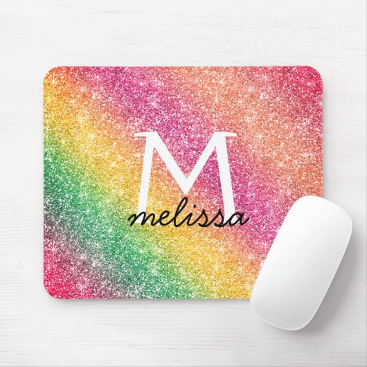 Rosa Gelber Regenbogen Glitzer Monogramm Mousepad (Mit Mouse)