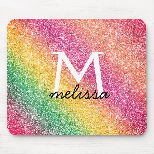 Rosa Gelber Regenbogen Glitzer Monogramm Mousepad (Vorne)
