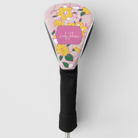 Rosa Gelbes Blumen-Whimsical-Muster Individueller Golf Headcover (Vorderseite)