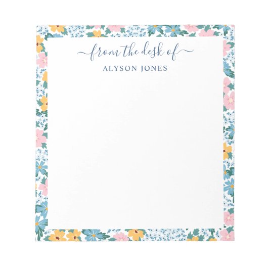 Rosa gelbes Blumenmuster - Grenze vom Schreibtisch Notizblock (Vorderseite)