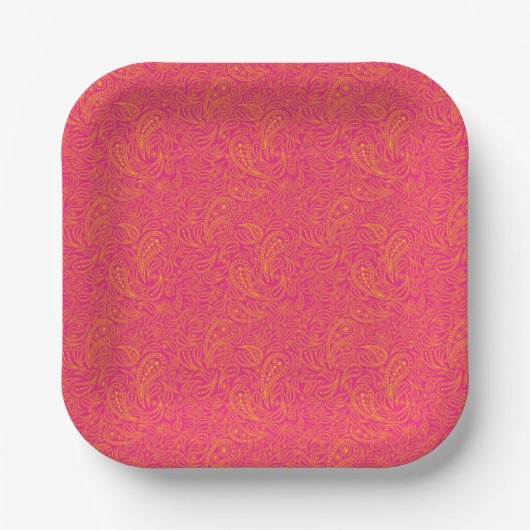 Rosa gelbes Paisleymuster Pappteller (Vorderseite)