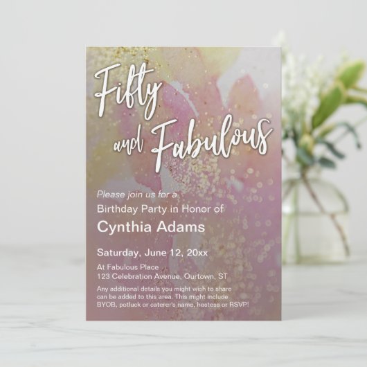 Rosa Gelbfarbener Glitzer Fünfzig und vorzüglich Einladung (Stehend Vorderseite)