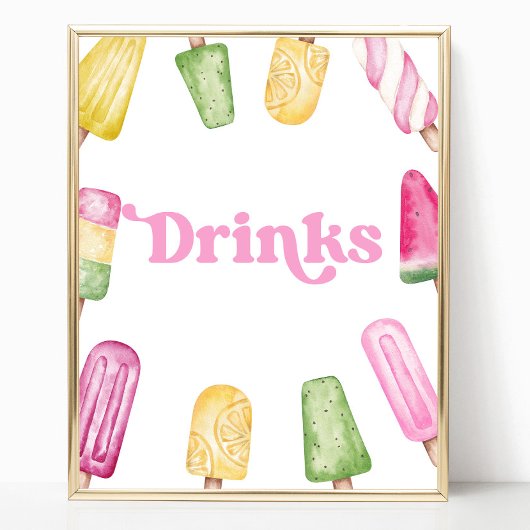 Rosa Gelbgelbes Popsicle Party Drinks Tafelschild Poster