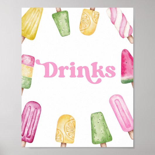 Rosa Gelbgelbes Popsicle Party Drinks Tafelschild Poster (Vorne)