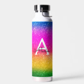 Rosa Gelbgrüner Regenbogen-Glitzer Monogramm Trinkflasche (Links)