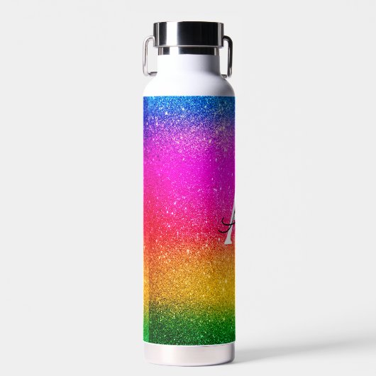 Rosa Gelbgrüner Regenbogen-Glitzer Monogramm Trinkflasche (Vorne)