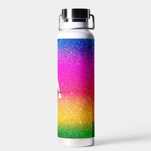 Rosa Gelbgrüner Regenbogen-Glitzer Monogramm Trinkflasche (Rückseite)