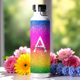 Rosa Gelbgrüner Regenbogen-Glitzer Monogramm Trinkflasche