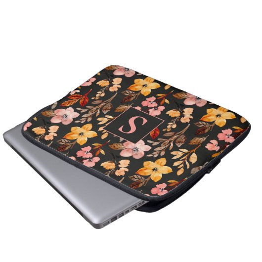 Rosa Gelborange Schwarz Mit Monogramm Laptopschutzhülle (Vorne Knopf)