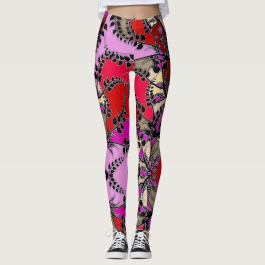 Rosa Gelbschwarze Blätter Abstrakt Leggings (Vorderseite)