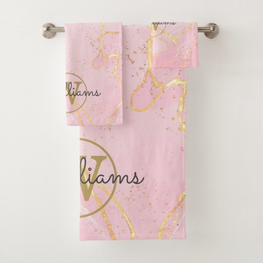 Rosa Geode-Achat-Gold-Monogramm Badhandtuch Set (Insitu)