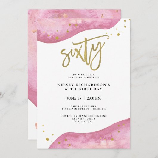 Rosa Geode und Imitat-Gold schauen | 60. Einladung (Vorne/Hinten)