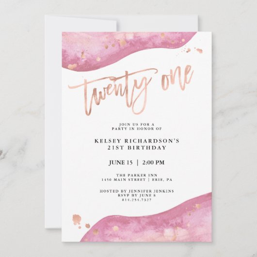 Rosa Geode und Imitate Rose Gold Look | 21. Geburt Einladung (Vorderseite)