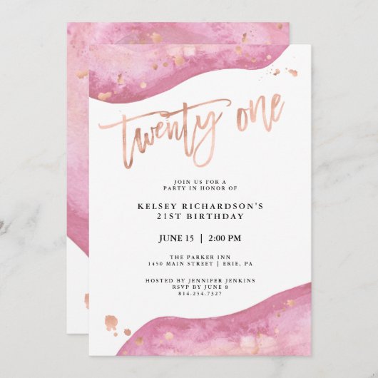 Rosa Geode und Imitate Rose Gold Look | 21. Geburt Einladung (Vorne/Hinten)