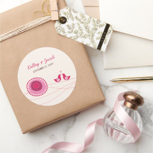 Rosa gepunktete Blume Dots & Niedliche Liebesvögel Runder Aufkleber