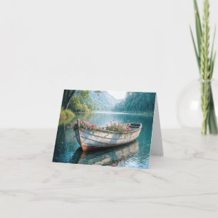 Rosa Geranien in einem Holzboot Feiertagskarte