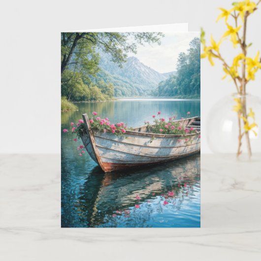 Rosa Geranien in einem Rowboat Denken Sie an Sie Karte (Gelbe Blume)