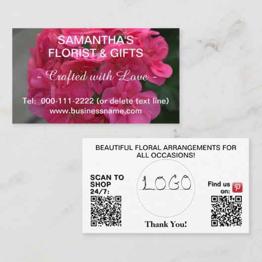 Rosa Geranium Geschäft-Logo QR-Code 3,5 x 2,0 Visitenkarte (Vorne/Hinten)