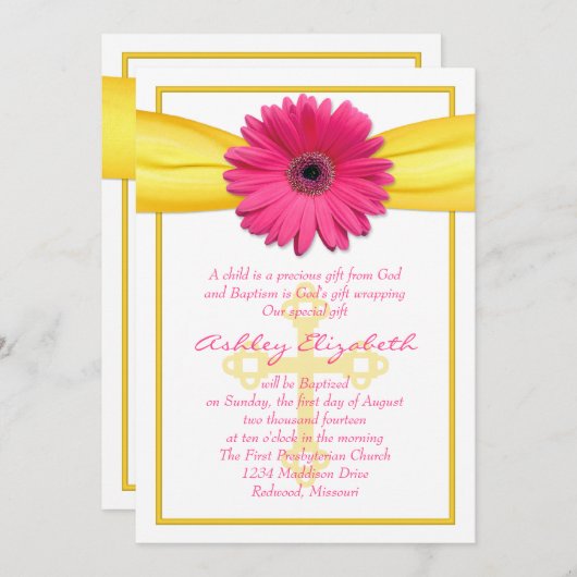 Rosa Gerber Daisy Yellow Ribbon Taufe Einladung (Vorne/Hinten)