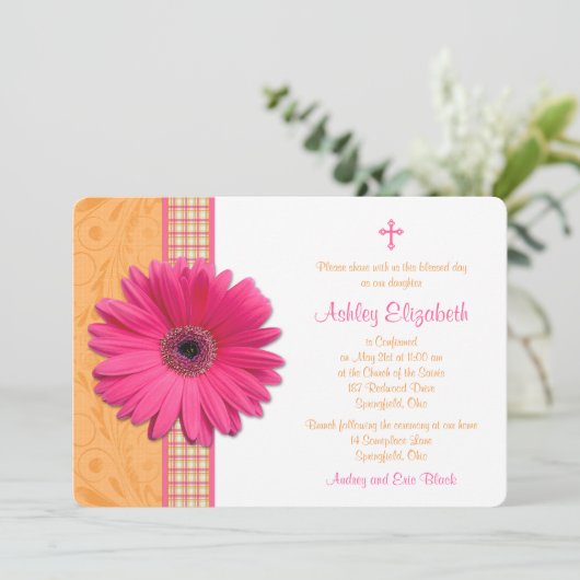 Rosa Gerber Karierte Bestätigung Einladung (Stehend Vorderseite)