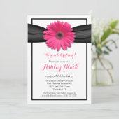 Rosa Gerbera Black Ribbon Geburtstagseinladung Einladung (Stehend Vorderseite)