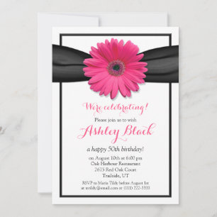 Rosa Gerbera Black Ribbon Geburtstagseinladung Einladung