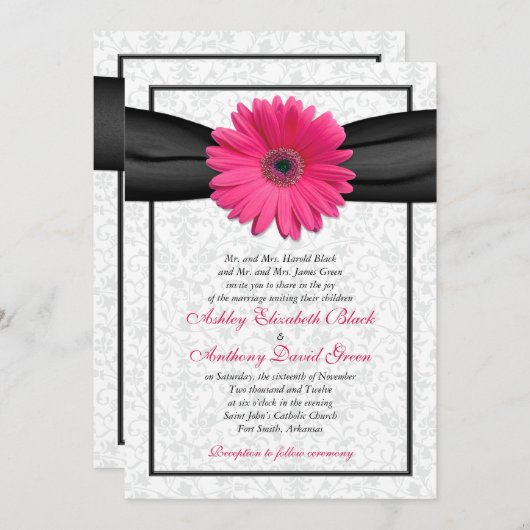 Rosa Gerbera Black Ribbon Wedding Einladung (Vorne/Hinten)