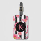 Rosa Gerbera-Blume auf schwarzen und weißen Streif Gepäckanhänger (Vorderseite Vertikal)