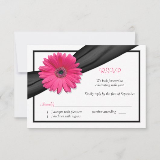 Rosa Gerbera Daisy Black Ribbon Reply RSVP Card (Vorderseite)