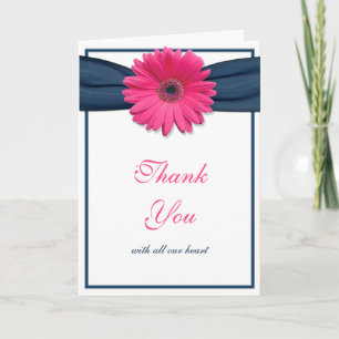 Rosa Gerbera-Daisy Marineblaue Schleife Hochzeits- Dankeskarte