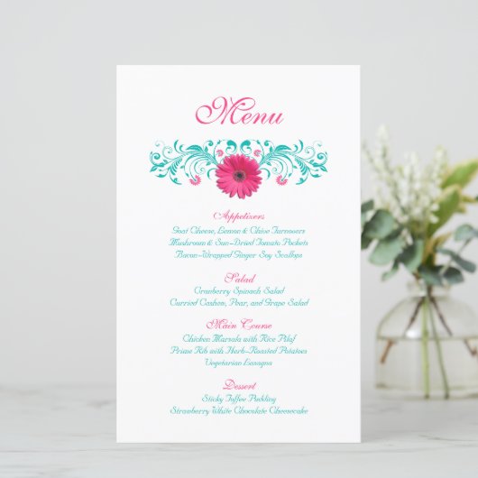 Rosa Gerbera Daisy Wedding Menu Card (Stehend Vorderseite)
