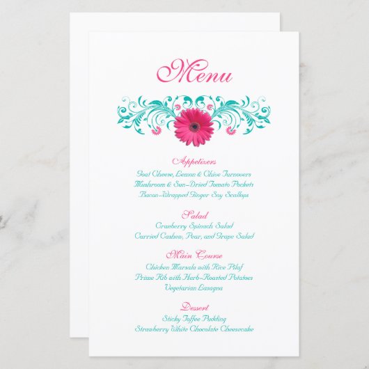Rosa Gerbera Daisy Wedding Menu Card (Vorne/Hinten)
