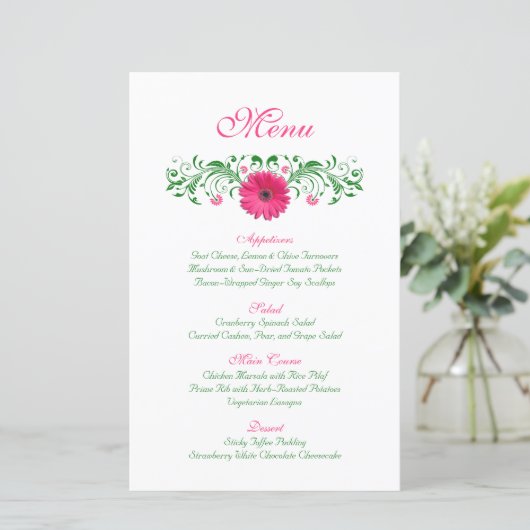 Rosa Gerbera Daisy Wedding Menu Card (Stehend Vorderseite)