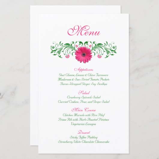 Rosa Gerbera Daisy Wedding Menu Card (Vorne/Hinten)