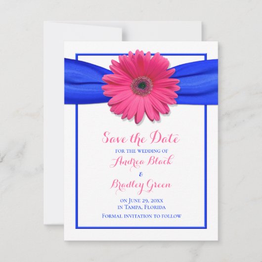 Rosa Gerbera mit Blue Ribbon Save the Date Card (Vorderseite)