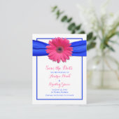 Rosa Gerbera mit Blue Ribbon Save the Date Card (Stehend Vorderseite)