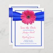 Rosa Gerbera mit Blue Ribbon Save the Date Card (Vorne/Hinten)