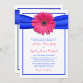 Rosa Gerbera mit Blue Satin Ribbon Einladung (Vorne/Hinten)
