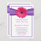 Rosa Gerbera mit Lila Satin Ribbon Einladung (Vorne/Hinten)