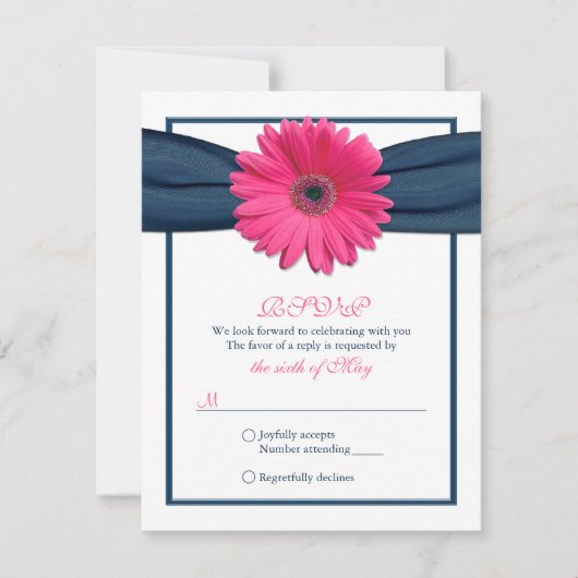 Rosa Gerbera mit Navy Ribbon Response Card RSVP Karte (Vorderseite)