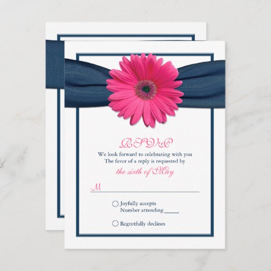 Rosa Gerbera mit Navy Ribbon Response Card RSVP Karte (Vorne/Hinten)