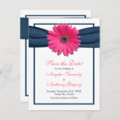 Rosa Gerbera mit Navy Ribbon Save the Date Card (Vorne/Hinten)