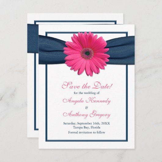Rosa Gerbera mit Navy Ribbon Save the Date Card (Vorne/Hinten)