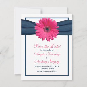 Rosa Gerbera mit Navy Ribbon Save the Date Card