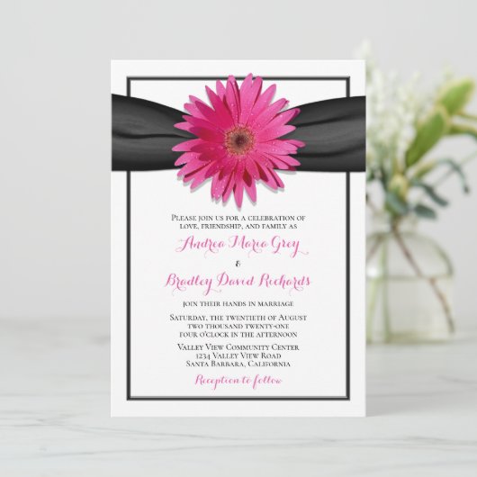 Rosa Gerbera mit Schwarzer Satin Ribbon Einladung (Stehend Vorderseite)
