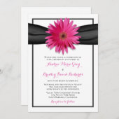 Rosa Gerbera mit Schwarzer Satin Ribbon Einladung (Vorne/Hinten)