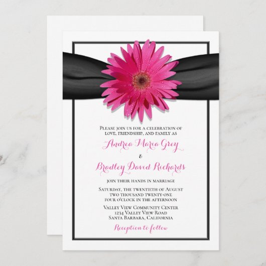 Rosa Gerbera mit Schwarzer Satin Ribbon Einladung (Vorne/Hinten)