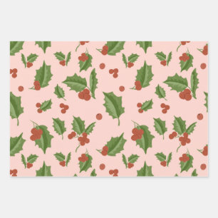 Rosa Geschenkpapier mit Stechpalme Set